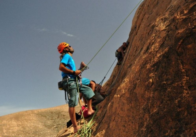  Belaying the climb in Ajuy 