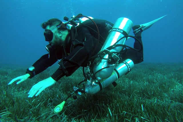 Buceador profesional en el lecho marino