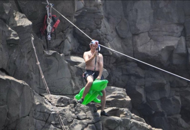 With the inflatable crocodile on the zip line 