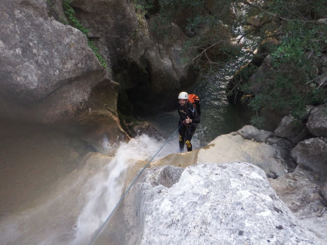  Going down the waterfall in the ravine 