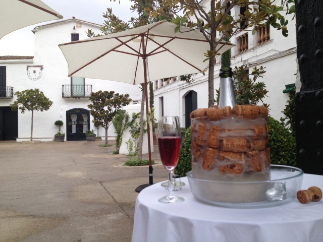 Patio con mesa y mantel