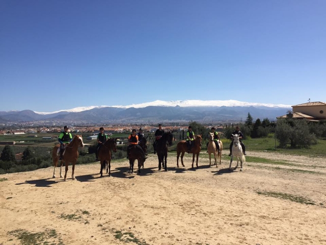  À cheval avec les montagnes en arrière-plan 