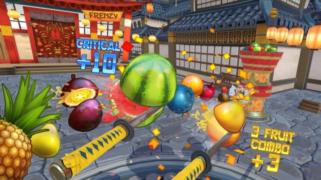 Realidad virtual samurai cortando fruta