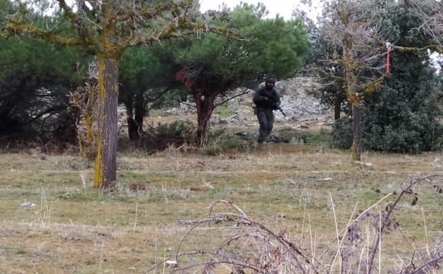 Camuflado entre los arboles para disparar