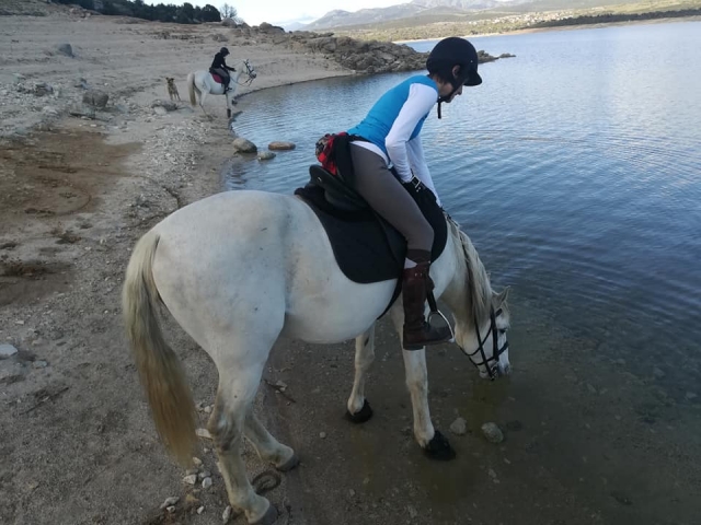 Sobre el caballo mientras este bebe agua