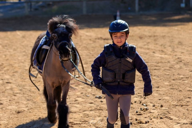 Boy taking his pony to the stable 