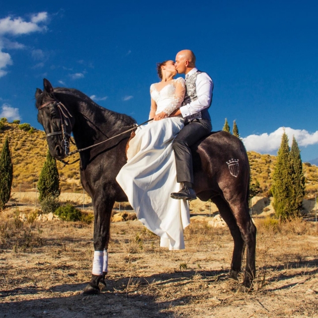 Una pareja recién casada celebrando su amor subidos a un caballo