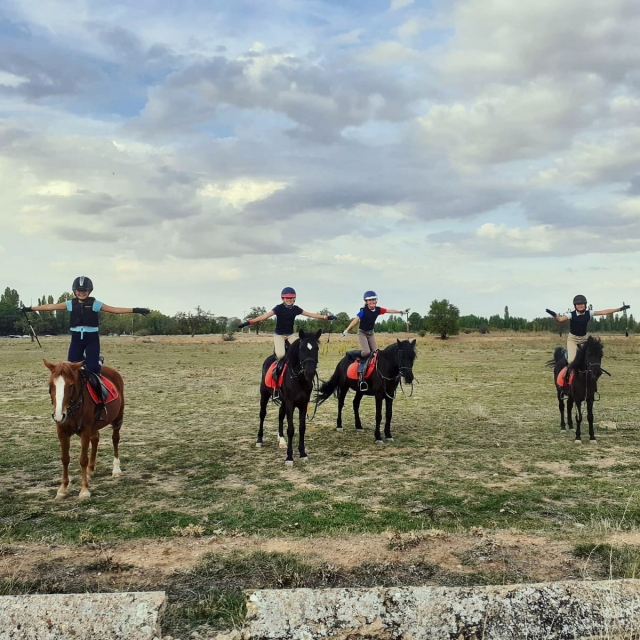  Balancing on the horse under a sky with clouds 