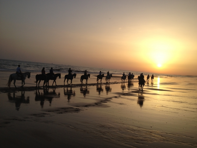 Puesta de sol subiendo a caballo en Huelva