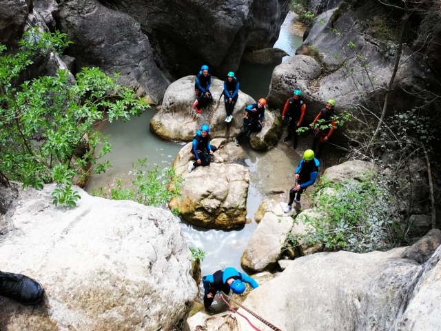  Group of adventurers in canyoning