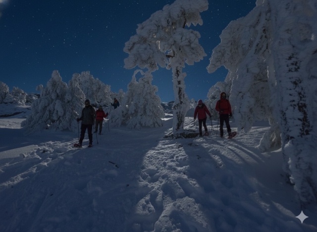 Ruta por la noche con raquetas