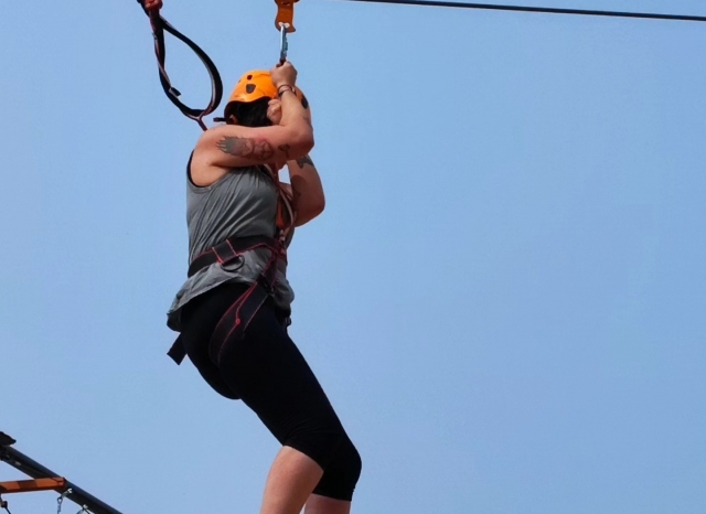  Sliding down the zip line 