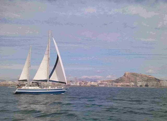 Sailboat sailing through the sea 