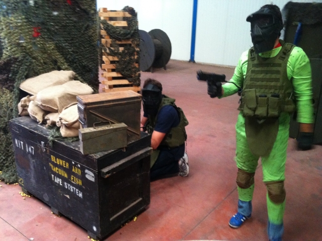  With the paintball equipment 