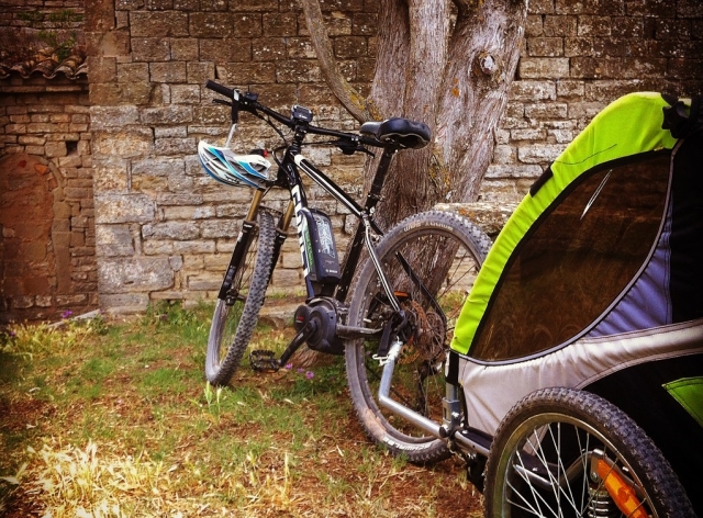  Fahrrad mit Kinderwagen am Baum angelehnt 