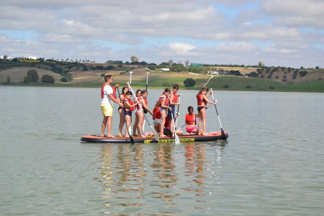  Standing on a paddle surf board 