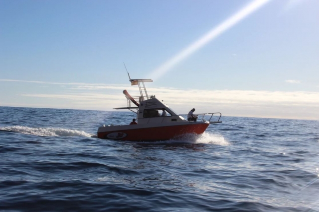 Nuestra embarcación navegando por la costa con el mar algo revuelto