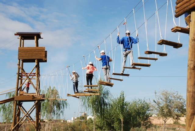  Several users crossing one of the hanging bridges, of simple level 