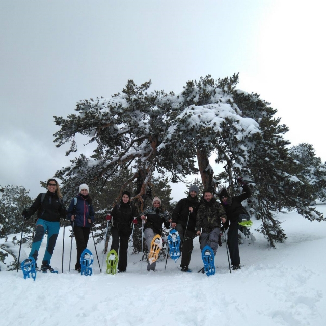 con amigos en raquetas de nieve