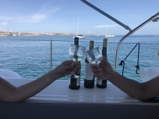  Brindare con un bicchiere di vino in mare 
