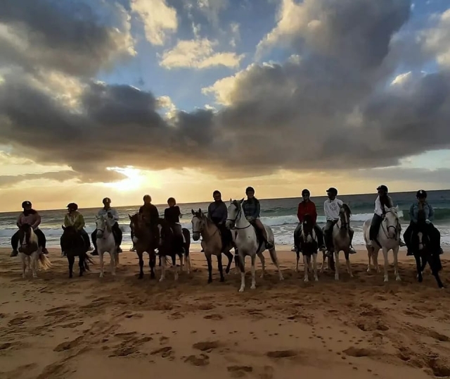  Tag des Reitens am Strand unter einem wunderschönen bewölkten Himmel 
